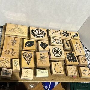 24 ink rubber stamps mid 90s to 2000 wood base‎ Vtg stamps large lot
